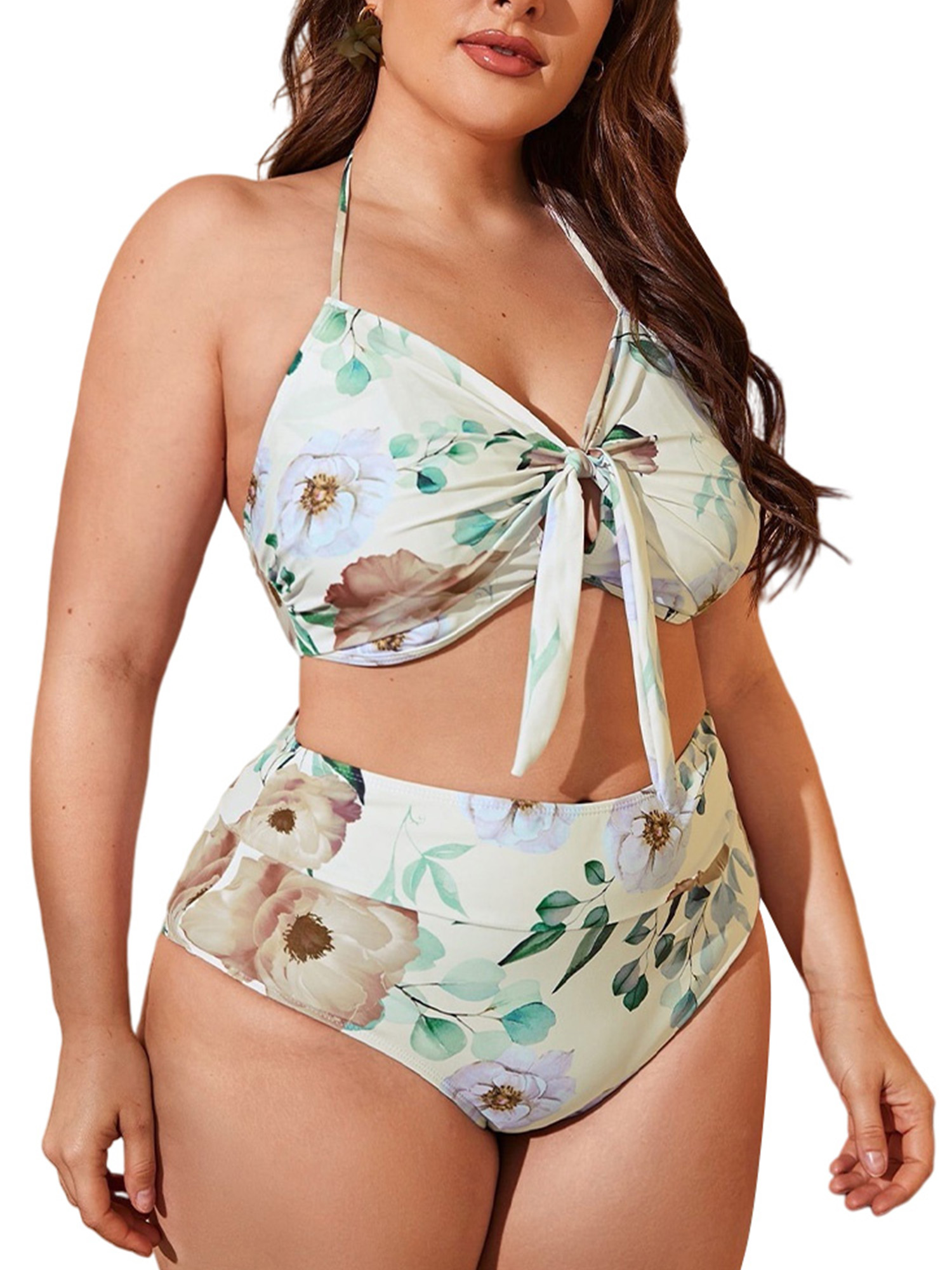 Sexy Dance M-XXXL Women 2 Piece Plus Size Bikini Beachwear Halter Neck  Bathing Suit High Waist Swimwear Floral Printed Swimsuit Green L