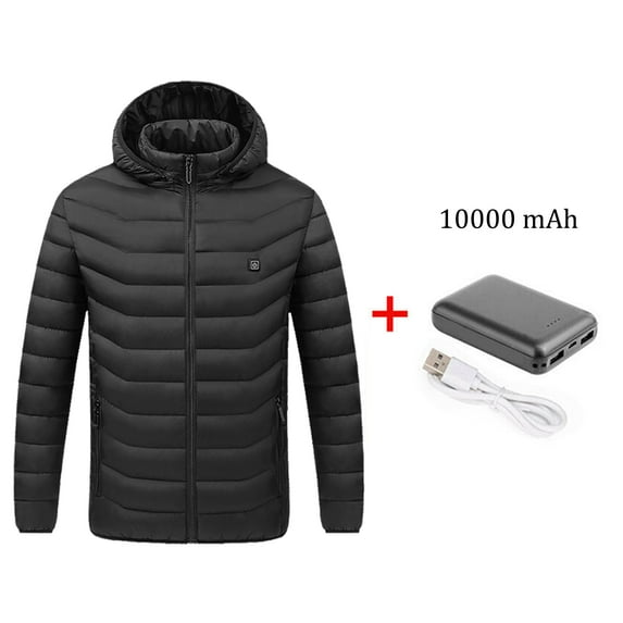 Sexy Dance Men Electric Heated Coat Hooded Jacket Zipper Long Sleeve Down Outwear Winter Thermal Coat With 10000mHA Power Bank