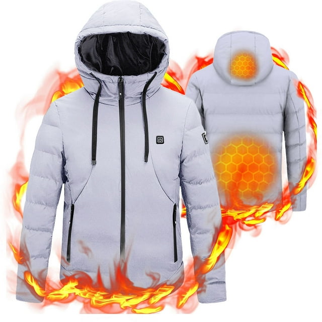 Sexy Dance Men USB Heated Jacket Hooded Down Coat Zipper Long Sleeve Shell Heated Outwear Winter Outdoor Warmth Electric Heating Coat With Power Bank