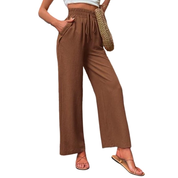 Sexy Dance Pants for Women Elastic Waist Straight Wide Leg Palazzo Pant Casual Soft Bottoms Lounge Trousers with Pockets Dark Brown 2XL