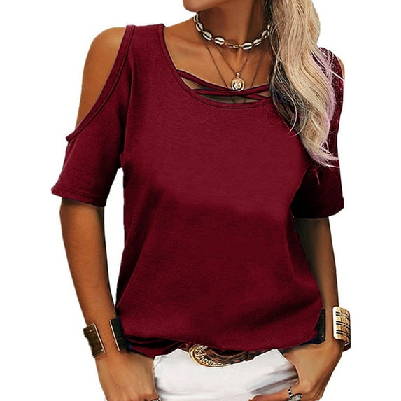 Sexy Dance Plus Size Cut Out Cold Shoulder Tops For Women Casual Solid Color Tees Loose Basic T Shirts Summer Batwing Sleeve Tunic Blouse Tops Size S-5XL