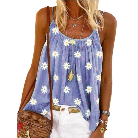 Sexy Dance S-3XL Summer Daisy Floral Print Casual Tunic Blouse Tops For Women Ladies Sleeveless Loose Cami Tank Vest Tops Ladies Holiday Party Beach Casual Print Cami Vest