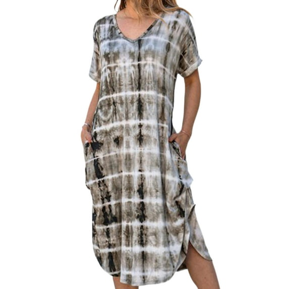 Sexy Dance Summer Printed Short Sleeve Pocket Tunic Dress for Women Casual V Neck Long Dress Ladies Wrap Side Split Fashion Shirt Dress Loose Fit Sundress