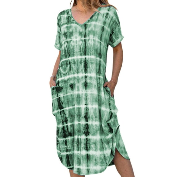 Sexy Dance Summer Printed Short Sleeve Pocket Tunic Dress for Women Casual V Neck Long Dress Ladies Wrap Side Split Fashion Shirt Dress Loose Fit Sundress