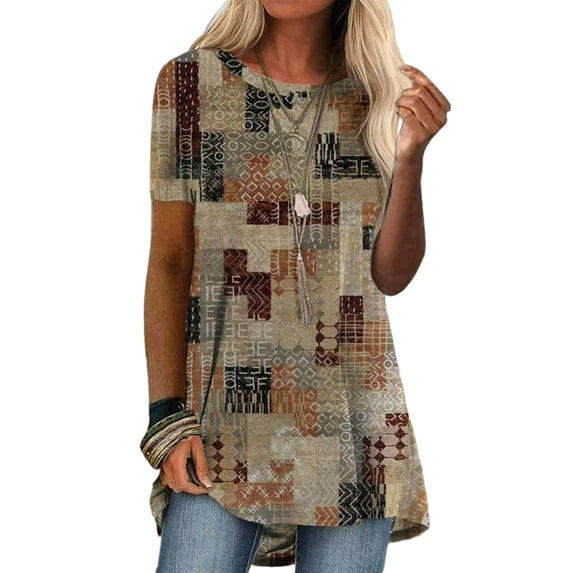 Sexy Dance Summer Short/Long Sleeve Flowy Tunic Tops for Women High Low Hem Boho Kaftan T Shirt Lady Plus Size Round Neck Blouse Tee