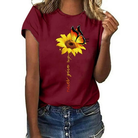 Sexy Dance Summer Short Sleeve Blouse for Womens Round Neck Casual Tops Butterfly Sunflower Print T-Shirt