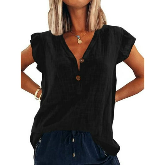 Sexy Dance Summer Tops for Women Linen Solid Color Ruffle Sleeveless T Shirt Bohemian Tunic V Neck Blouse Holiday Button Tee Pullover Black 2XL