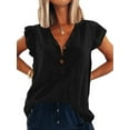 thumbnail image 1 of Sexy Dance Summer Tops for Women Linen Solid Color Ruffle Sleeveless T Shirt Bohemian Tunic V Neck Blouse Holiday Button Tee Pullover Black S, 1 of 2