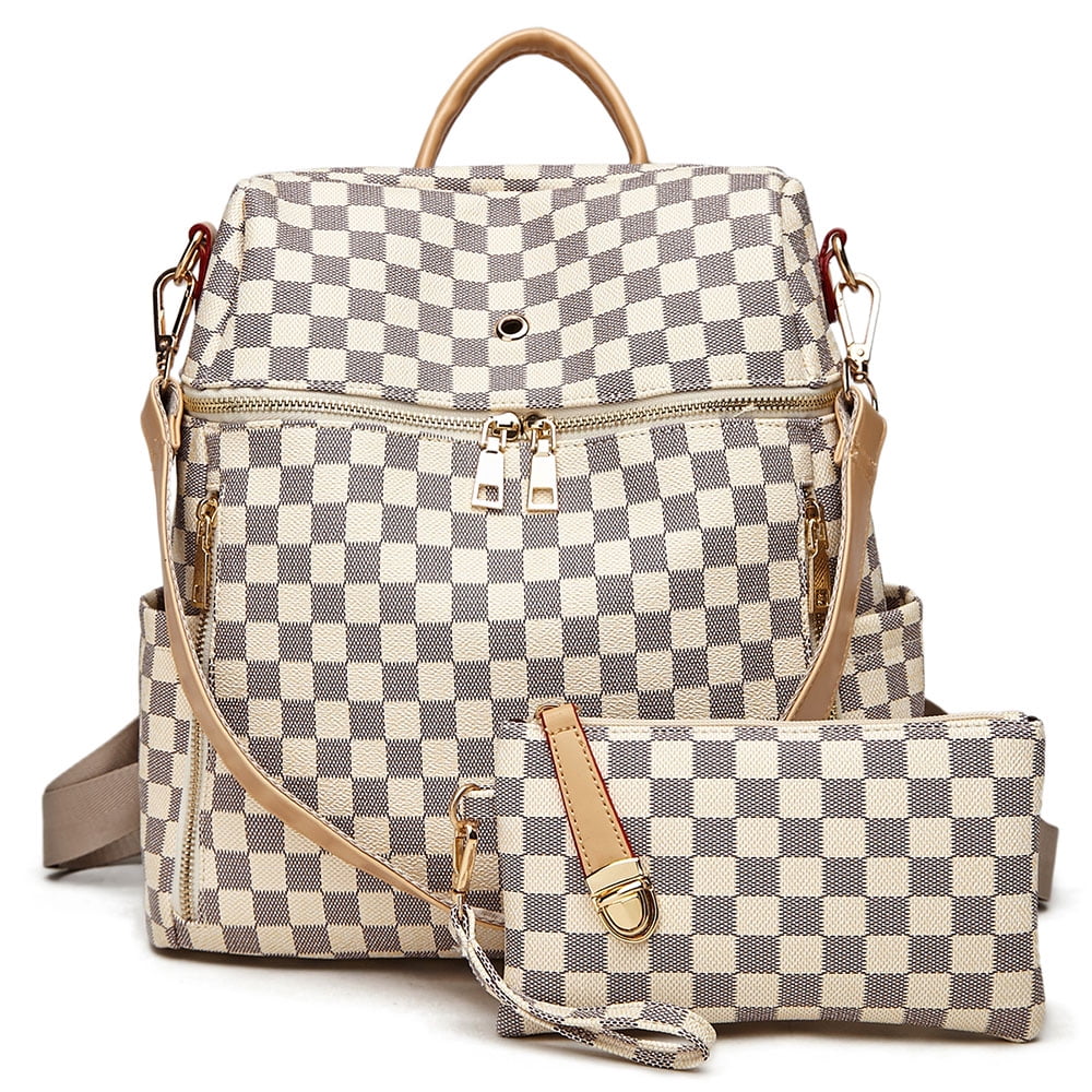 Sexy Dance Women Checkered Backpack Top Handle Knapsack PU Leather Daypack  School Bag Anti-Theft Bookbag With Inner Pouch-White Checkered 