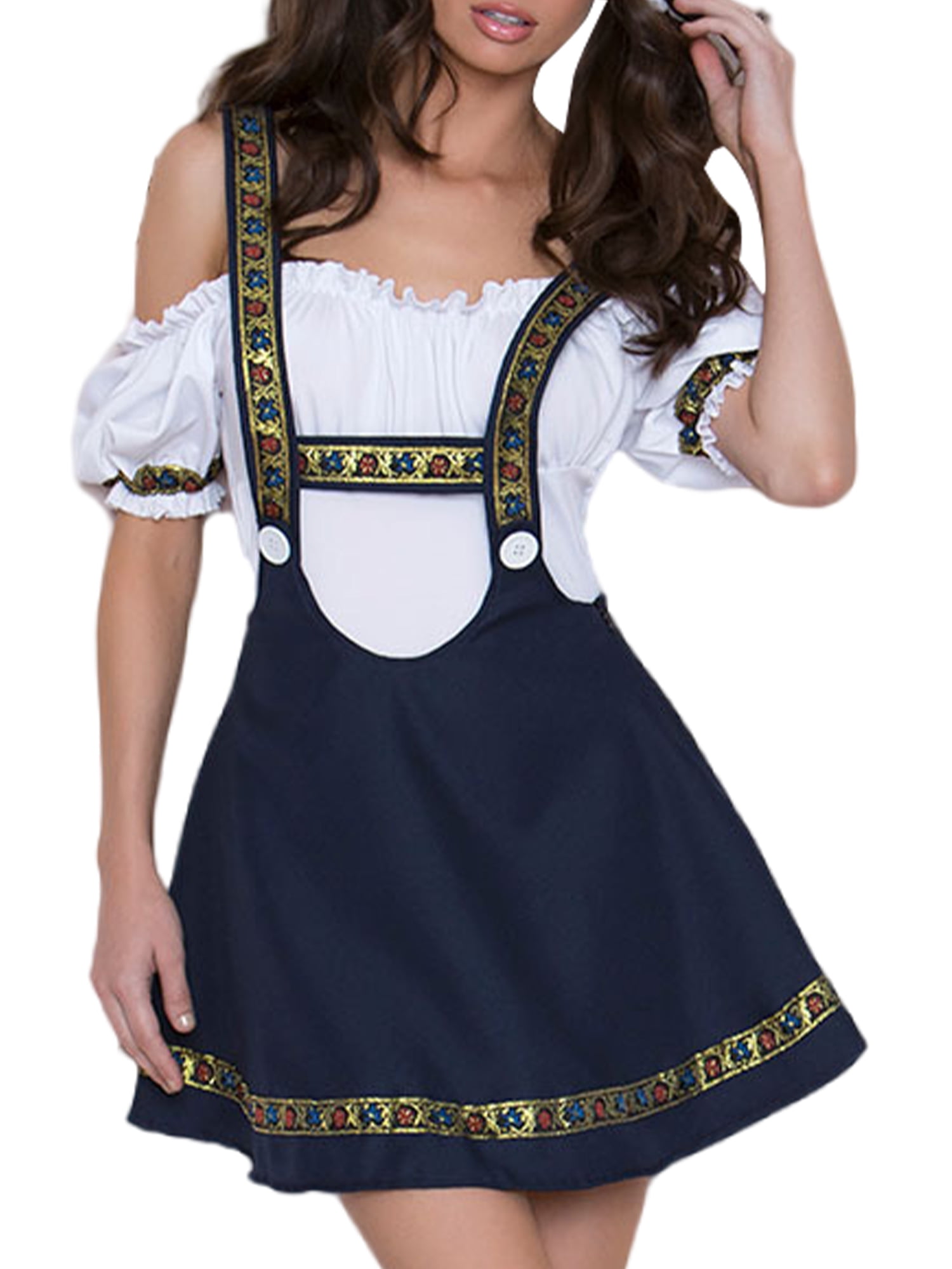 Sexy Dance Women Cosplay Uniform Off Shoulder Dirndl Dress Ethnic Style  Oktoberfest Dresses Carnival Mini Party Blue White M