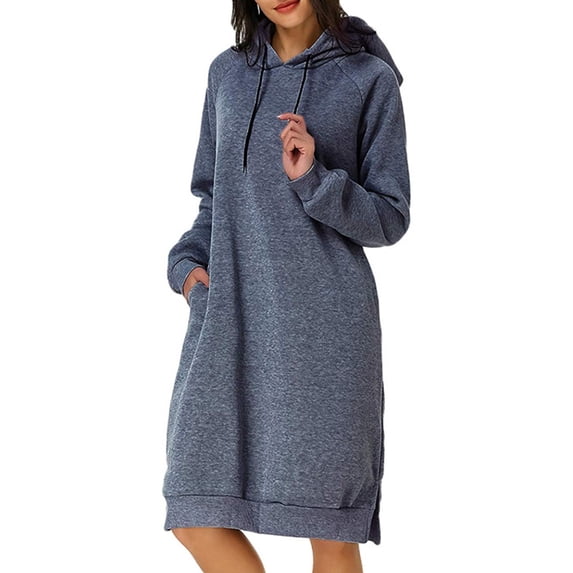 Sexy Dance Women Hooded Sweatshirt Dress Long Sleeve Pullover Jumper Ladies V-neck Long-Sleeve Plain Color T-shirt Dress Knee Length Pocket Dress