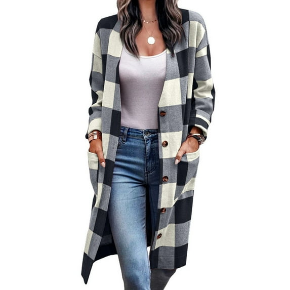 Sexy Dance Women Long Flannel Plaid Jacket Button Down Shirt Shacket Jacket Elegant Vintage Trench Coat Black L