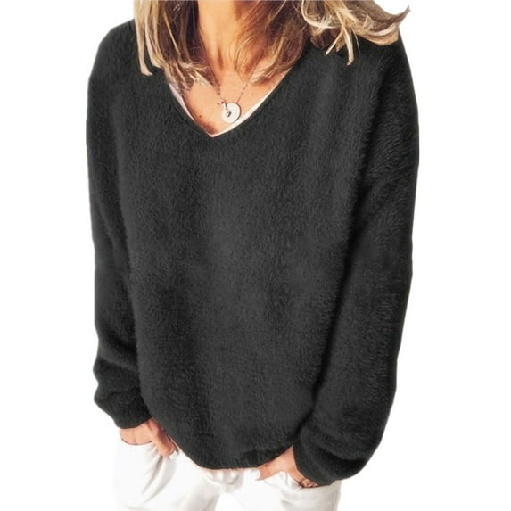 Sexy Dance Women Long Sleeve Sweatshirt Fuzzy Fleece Oversize T Shirt Top Plush Pullover V-Neck Jumper Women's Solid Color Fall Jumper Cozy Warm Thin Sweater Office Wear