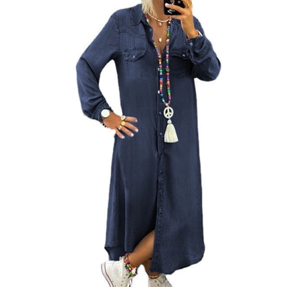 Sexy Dance Women Maxi Dresses Long Sleeve Shirt Dress V Neck Lapel Collar Baggy Dark Blue S