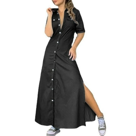 Sexy Dance Women Plus Size Casual Maxi Long Shirt Dress Ladies Denim Button Down Long Sundress Holiday Party Lounge Swing Shift Dresses