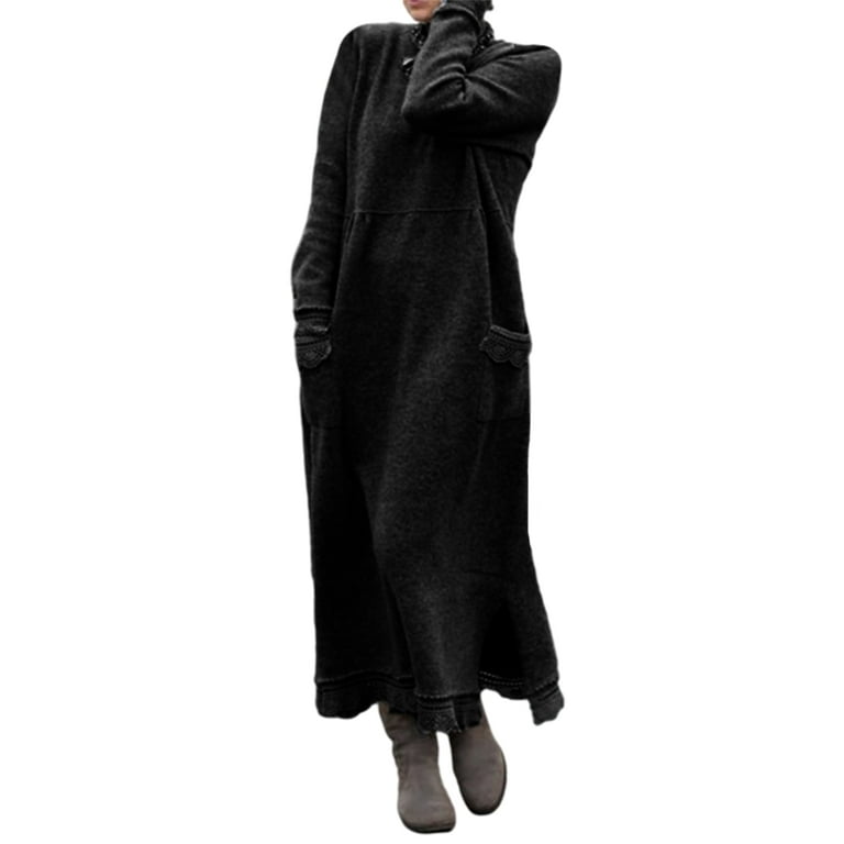 Sexy Dance Women Plus Size Loose Dress with Pockets Long Sleeve Knit Sweater Dress Winter Tunic Dresses Solid Color Loungewear