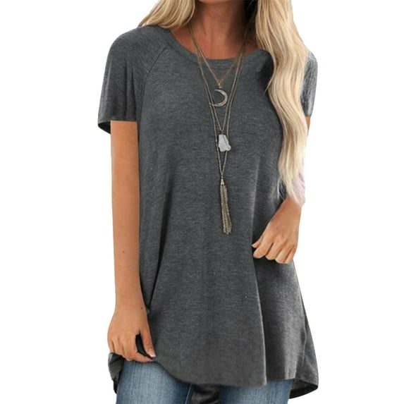Sexy Dance Women Short Sleeve Tops Solid Color Summer Blouses Tunic T-shirt for Women Boho Style Long Tee Ladies Loose Kaftan T Shirts Gray XXL