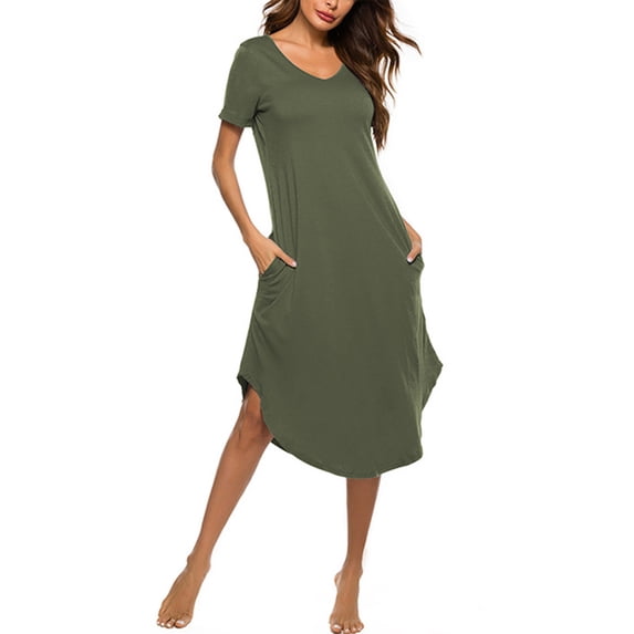 Sexy Dance Women Sleep Dress Solid Color Sleepwear V Neck Pajamas Fashion Homewear Vacation Sleepshirt Army Green XXL