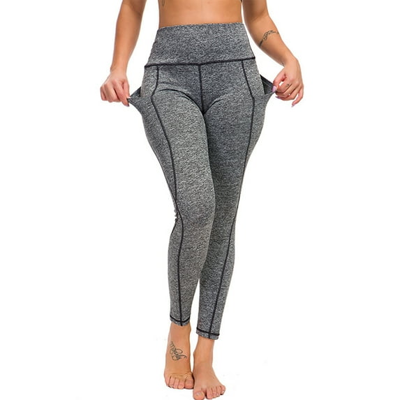 Sexy Dance Women Solid Color Bottoms With Pockets High Waist Trousers Fitness Jeggings Tight Leggings Hemp Gray L