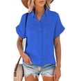 thumbnail image 1 of Sexy Dance Women Summer Button Down Blouse Shirts Cotton And Linen Short Sleeve V Neck Casual Loose Collared Tops with Pockets, 1 of 3