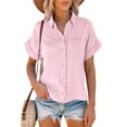 thumbnail image 1 of Sexy Dance Women Summer Button Down Blouse Shirts Cotton And Linen Short Sleeve V Neck Casual Loose Collared Tops with Pockets, 1 of 3
