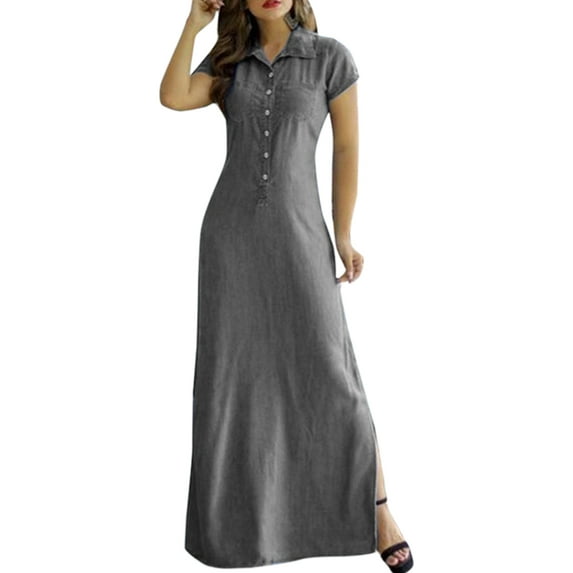 Sexy Dance Women Summer Denim Maxi Long Dresses Short Sleeve Solid Color Sundress Casual Button Down Polo Dress