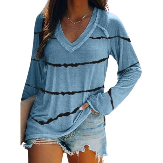 Sexy Dance Women T Shirt Striped Tee Long Sleeve T-shirt Loose Tops Dailywear Pullover Sky Blue 5 xl
