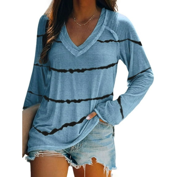 Sexy Dance Women T Shirt Striped Tee Long Sleeve T-shirt Loose Tops Dailywear Pullover Sky Blue L