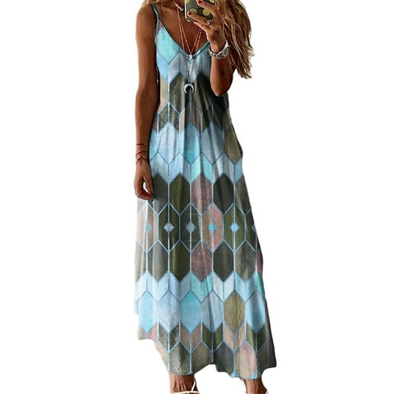Sexy Dance Women Tank Dresses Summer Sleeveless Print Maxi Dress Summer Casual V Neck Sling Sundress Beach Holiday Party Cami Long Dress Azure 3XL