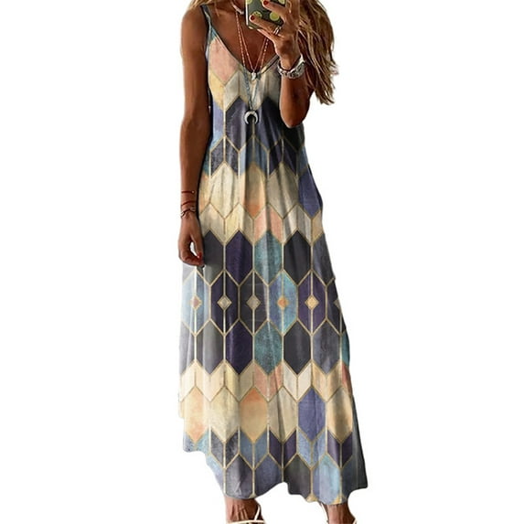 Sexy Dance Women Tank Dresses Summer Sleeveless Print Maxi Dress Summer Casual V Neck Sling Sundress Beach Holiday Party Cami Long Dress Yellow XL