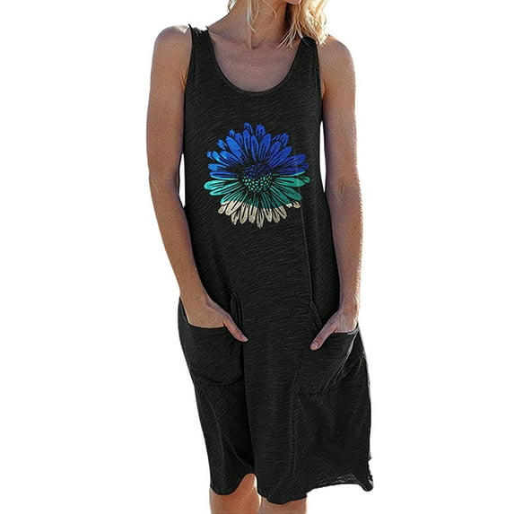 Sexy Dance Women Tank Top Dress Sleeveless Floral Print Loose Casual Tunic Swing Summer Shirt Dress with Pockets Black XL(US 16-18)