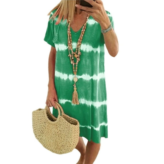 Sexy Dance Women V Neck Dress Bohemian Beach Dresses Tie Dye Midi Dress Tunic Dresses Holiday Sundress Green M