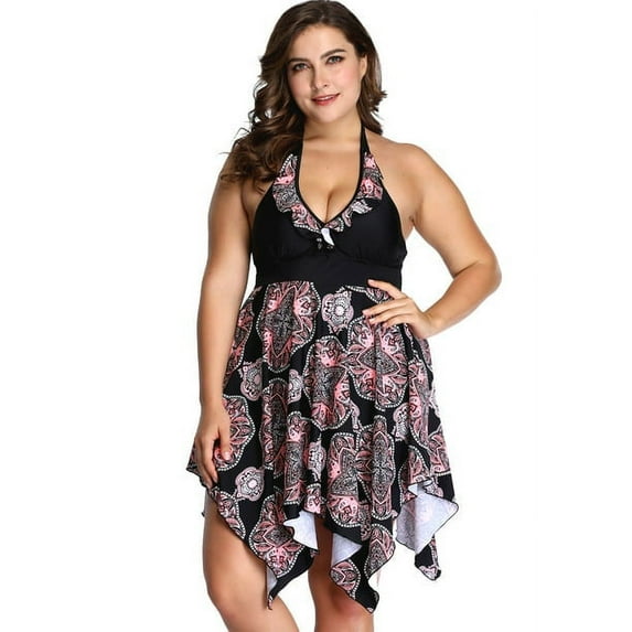 Sexy Dance Women V Neck Swimdress With Swim Briefs Tummy Control Swimwear Plus Size Swimsuit Halterneck Beachwear Floral Bathing Suit