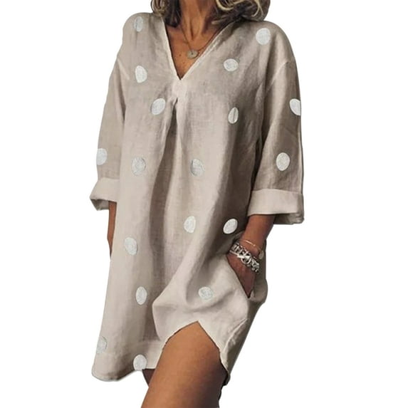 Sexy Dance Women V Neck T-shirt Casual Linen Dress Polka Dot Side Slit Dress Boho Kaftan Beach Dress Plus Size S-5XL