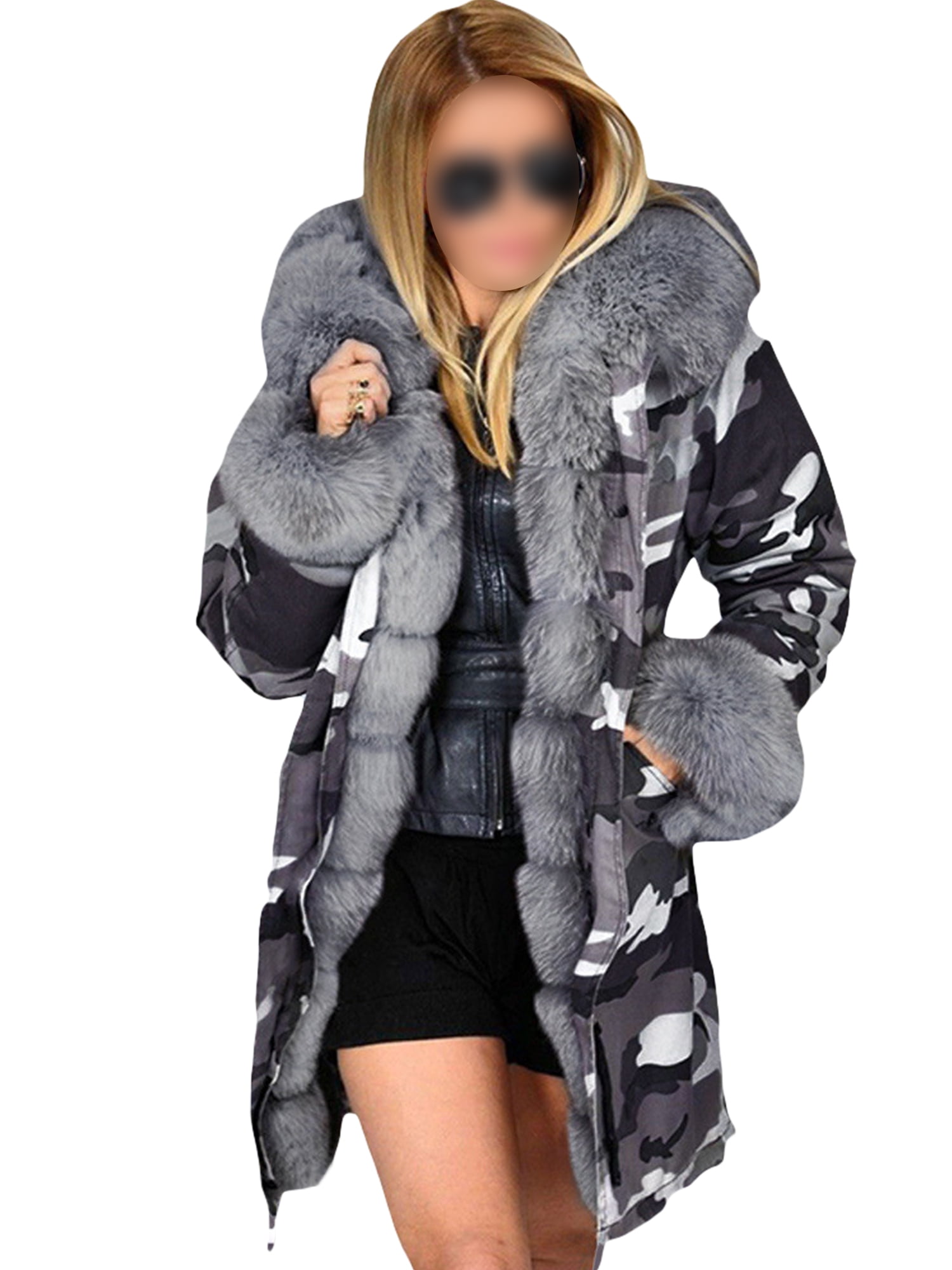 Sexy Dance Women Winter Camouflage Hoodies Coat Jacket Collar Winter Outwear Long Sleeve Hoody