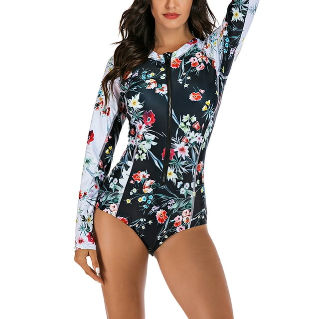Sexy Dance Women's One Piece Swimsuit Long Sleeve Zip Floral Print Swimwear Bathing Suits for Surfing,Diving,Swimming,Rashguard