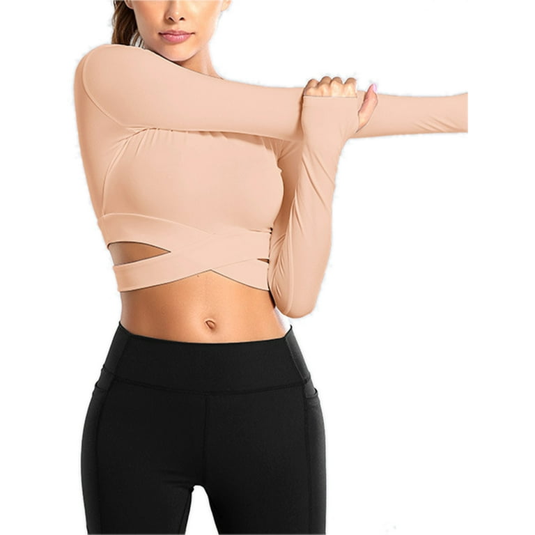 Sexy Dance Women's Crop Top Yoga Shirts Moisture-Wicking Tummy Cross Gym  Fitness Running Long Sleeve Compression Shirts Athletic Activewear for Women  Girls 