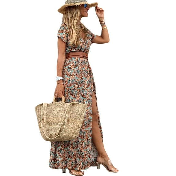 Sexy Dance Women's Floral Print Short Sleeve V Neck Casual Maxi Dress, Size L