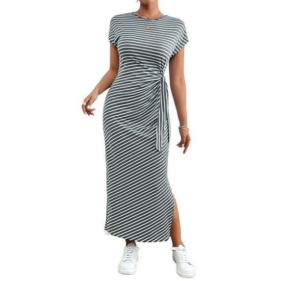 Sexy Dance Women's Summer Striped Short Sleeve T Shirt Dress Casual Tie Waist Bech Long Sundress Ladies Office T Shirt Dresses Black XL