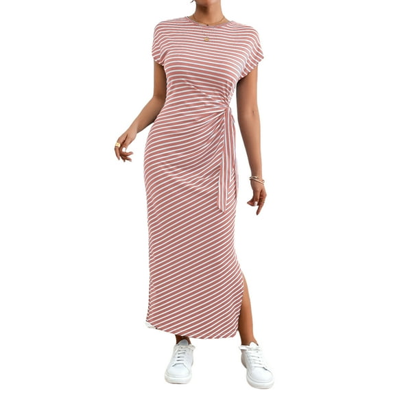 Sexy Dance Women's Summer Striped Short Sleeve T Shirt Dress Casual Tie Waist Bech Long Sundress Ladies Office T Shirt Dresses Red XL