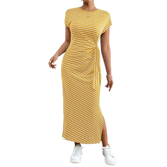 Sexy Dance Women's Summer Striped Short Sleeve T Shirt Dress Casual Tie Waist Bech Long Sundress Ladies Office T Shirt Dresses Yellow M