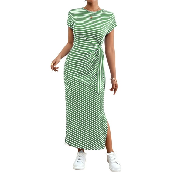Sexy Dance Women's Summer Striped Short Sleeve T Shirt Dress Casual Tie Waist Bech Long Sundress Ladies Office T Shirt Dresses green L
