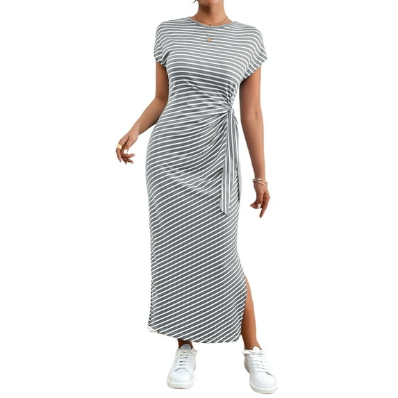 Sexy Dance Women's Summer Striped Short Sleeve T Shirt Dress Casual Tie Waist Bech Long Sundress Ladies Office T Shirt Dresses grey XL