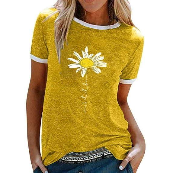 Sexy Dance Women's Summer Top Daisy Flower Print T Shirt Summer Casual Round Neck Short Sleeve Blouse T-Shirt Basic Tee
