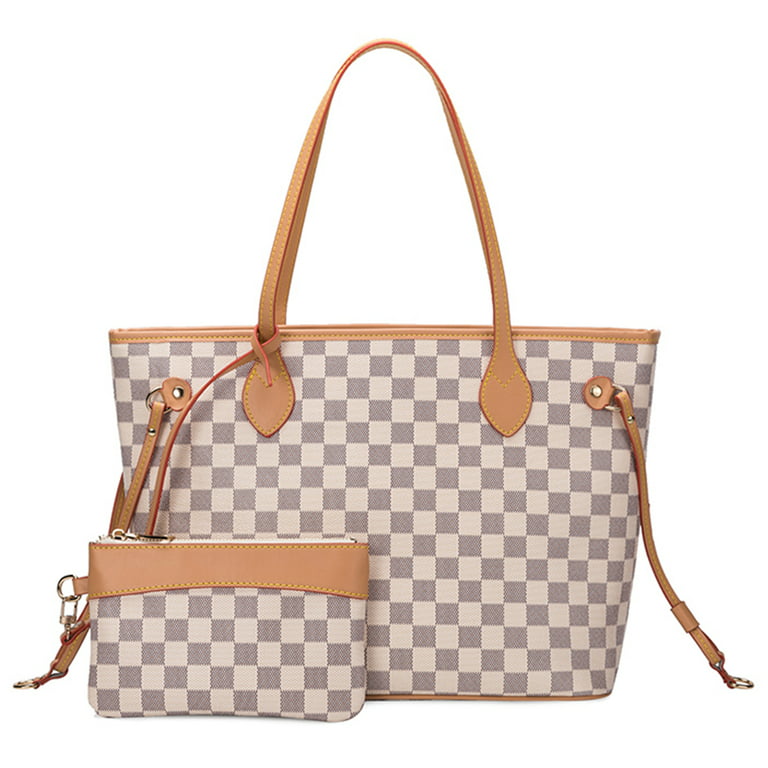 Sexy Dance Womens Brown Checkered Tote Shoulder Bag Purse With Inner Pouch  - PU Vegan Leather Shoulder Satchel Fashion Bags 
