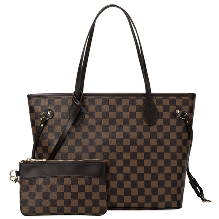 Womens Checkered Tote Shoulder Bag with Inner Pouch - PU Vegan Leather Shoulder