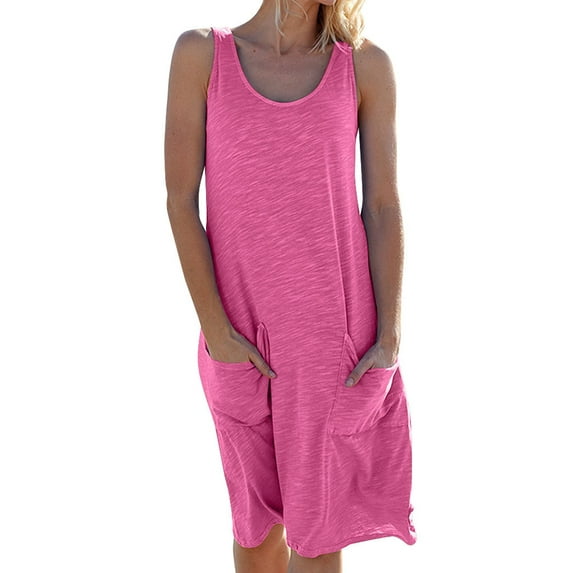 Sexy Dance Womens Summer Casual Plain Dresses Ladies Boho Crew Neck Loose Holiday Midi Dress Women's Summer Casual T Shirt Dresses Tank Swing Dress Pockets
