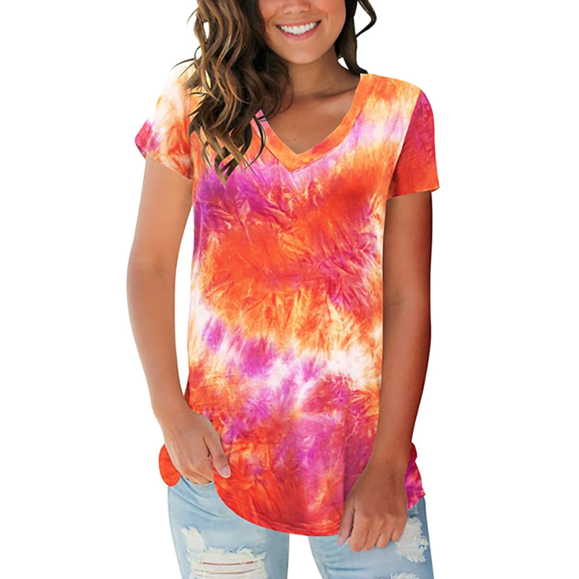 Womens Casual Summer Short Sleeve Tie Dye Print Tee T-Shirt