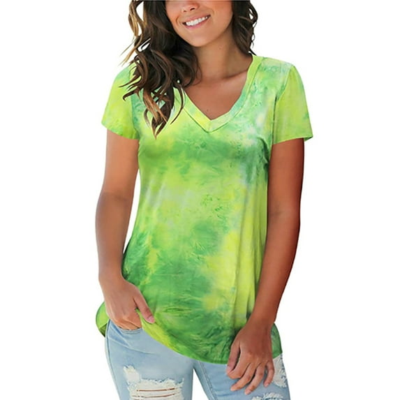 Sexy Dance Womens Tie Dye V Neck T Shirts Short Sleeve Summer Tops Loungewear Casual Tee Tops Size S-3XL Print Basic T-Shirt