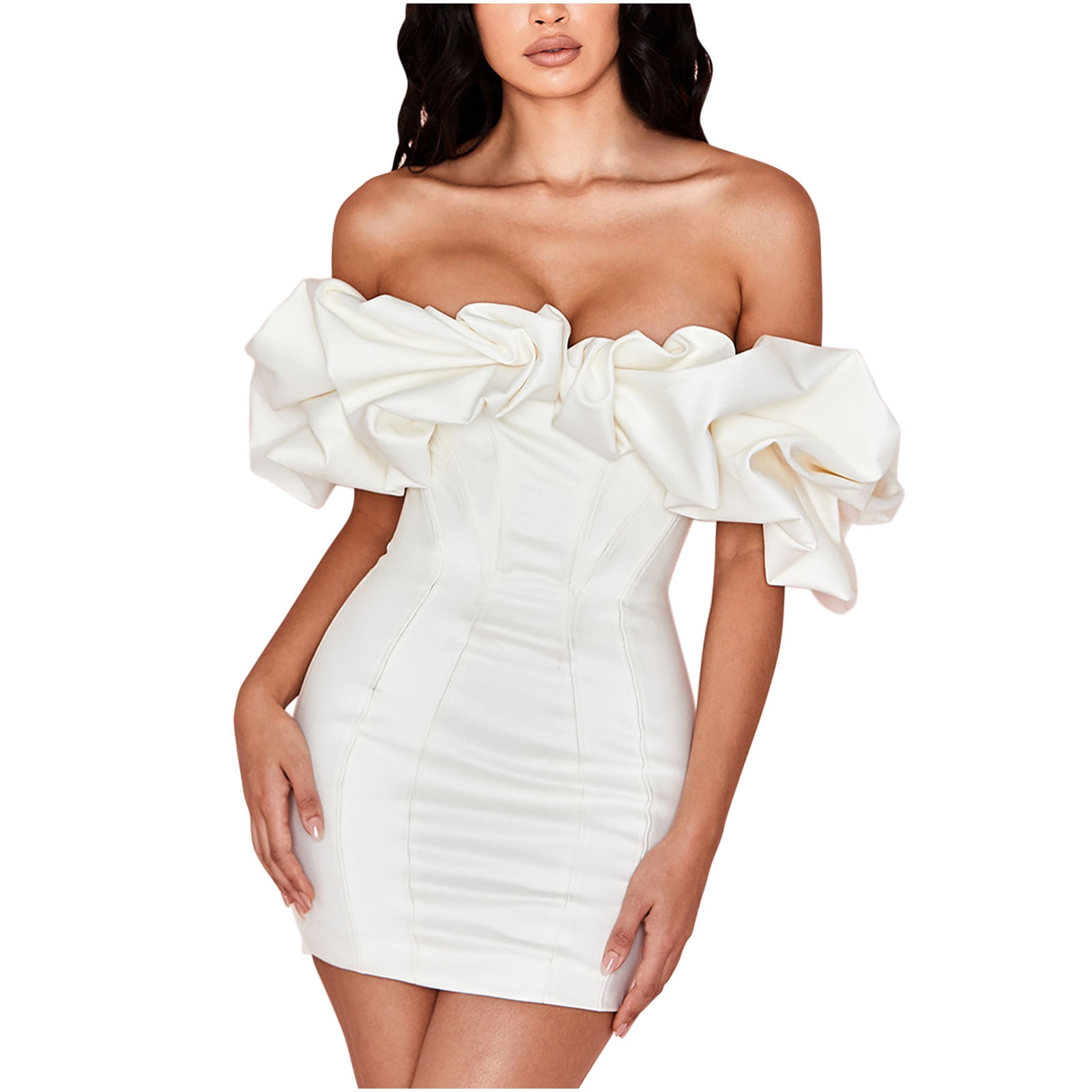 Sexy Dress for Women Flounce Puff Sleeve Off The Shoulder Bodycon Corset  Dress Slim Fit Party Club Mini Dress (X-Large, White) 
